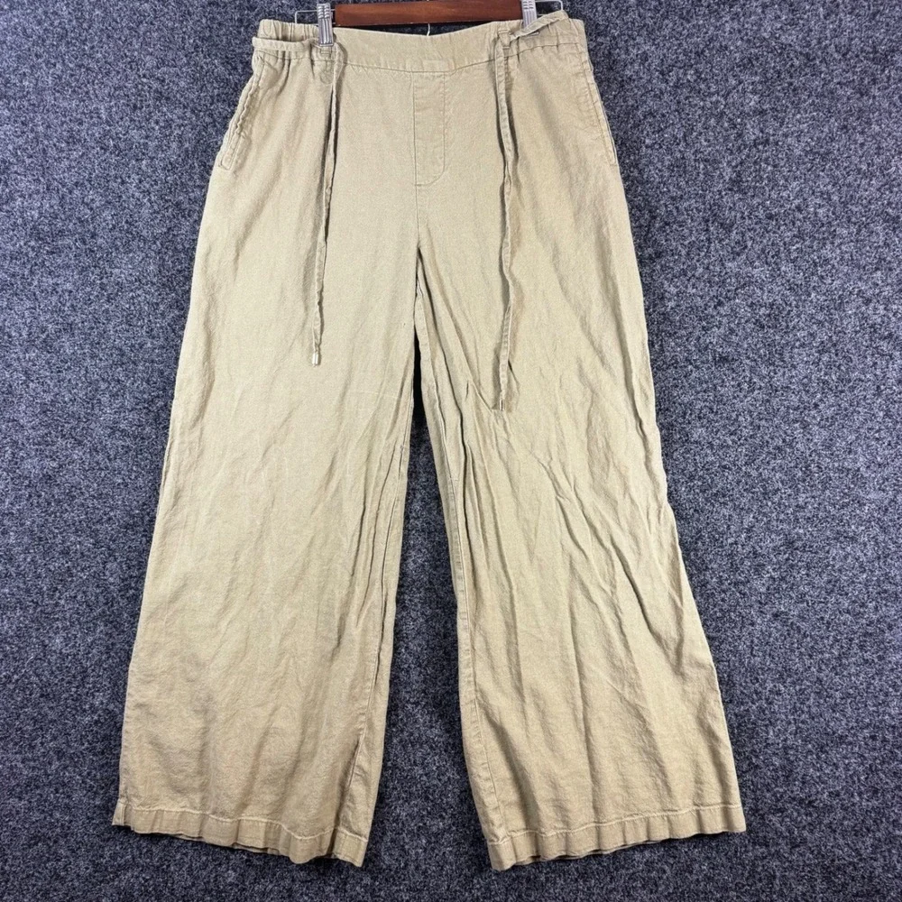 Zara Womens Wide Leg Linen Blend Pants Olive Green Drawstring Size Large